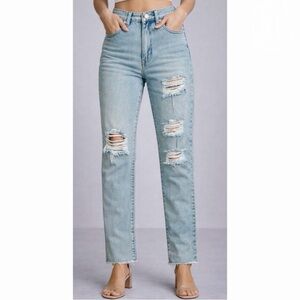 SUPERDOWN • Light Wash Distressed High-Waisted Slim Straight Jeans, 26